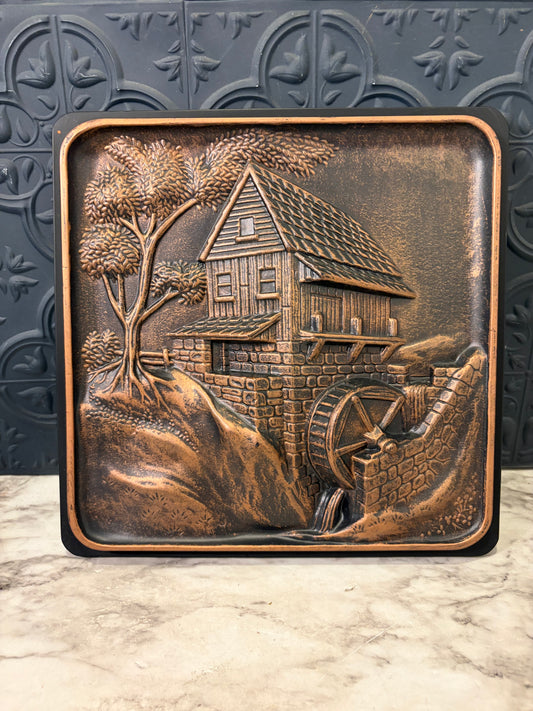 Vintage 3D Relief Wall Plaque with Water Mill