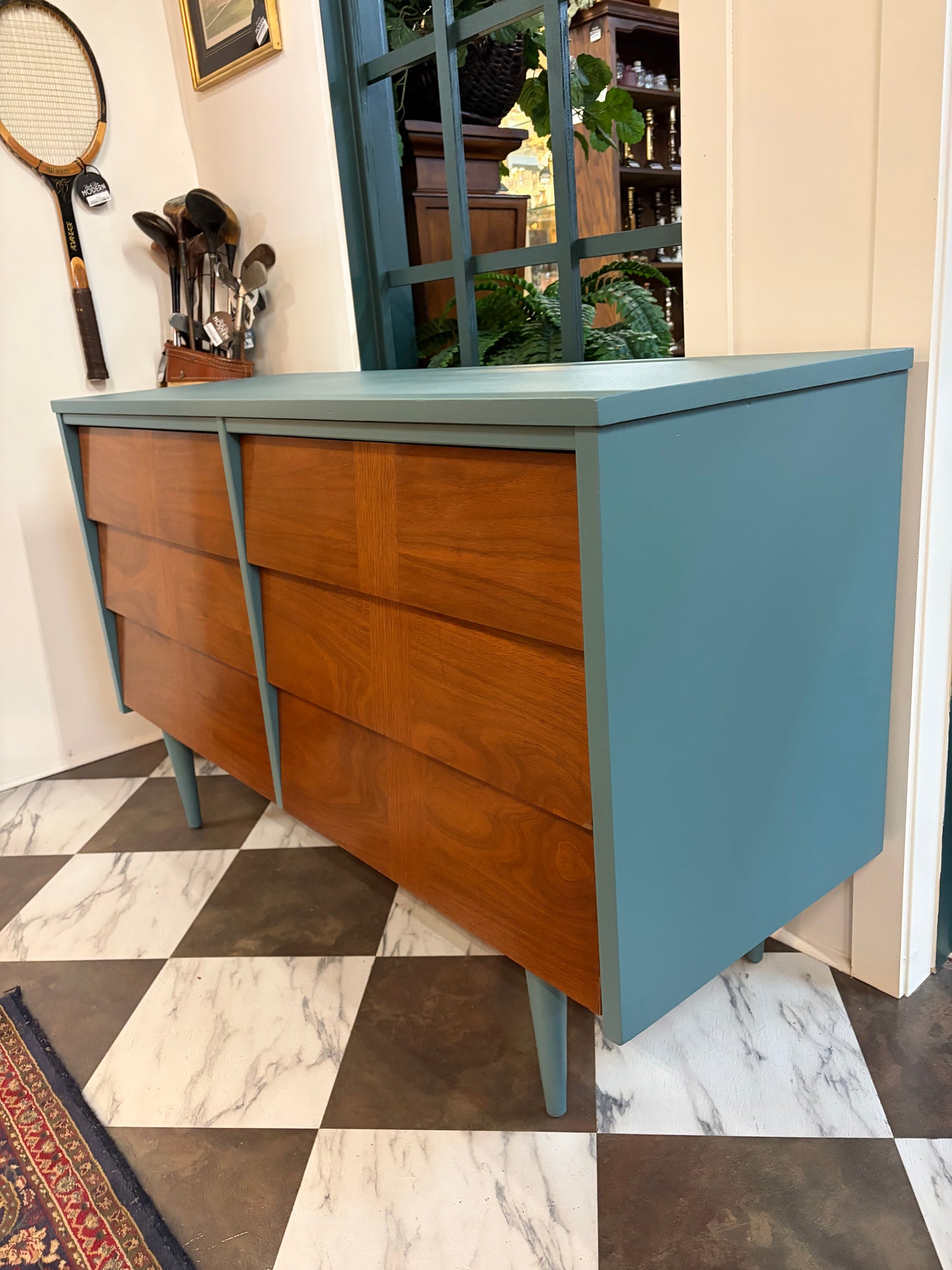6 Drawer MCM Dresser with Top Painted River Rock