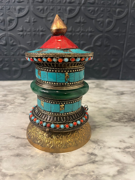Tibetian Brass and Enamel Prayer Wheel