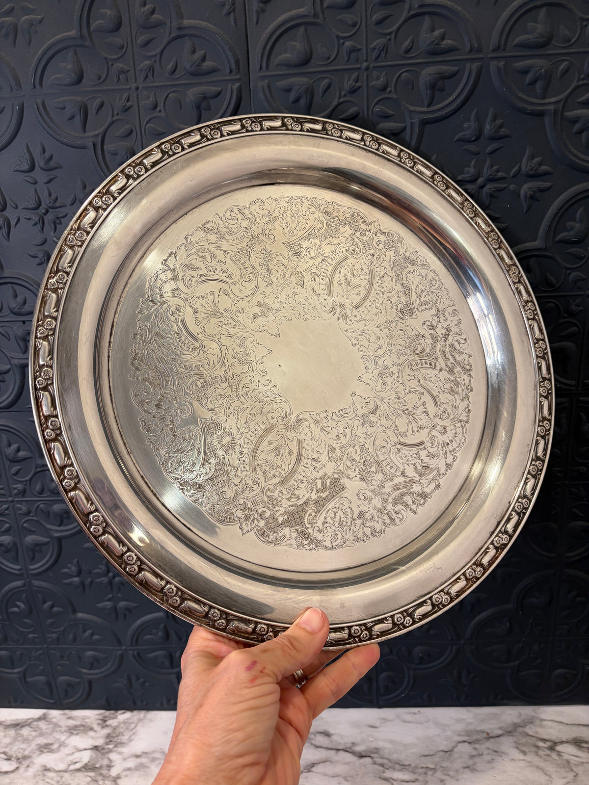12.5" Silver Plate Etched Tray