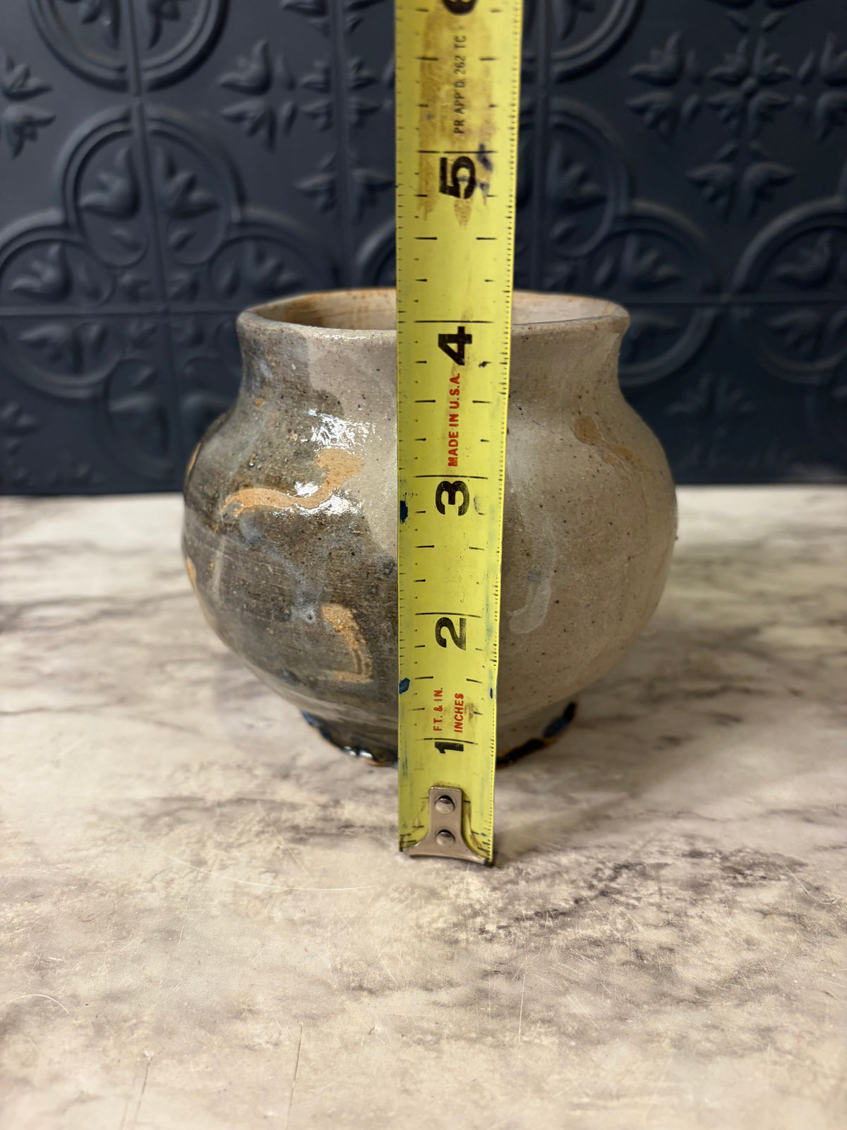 Studio Pottery Flare Mouth Vase 4" Tan andGreen