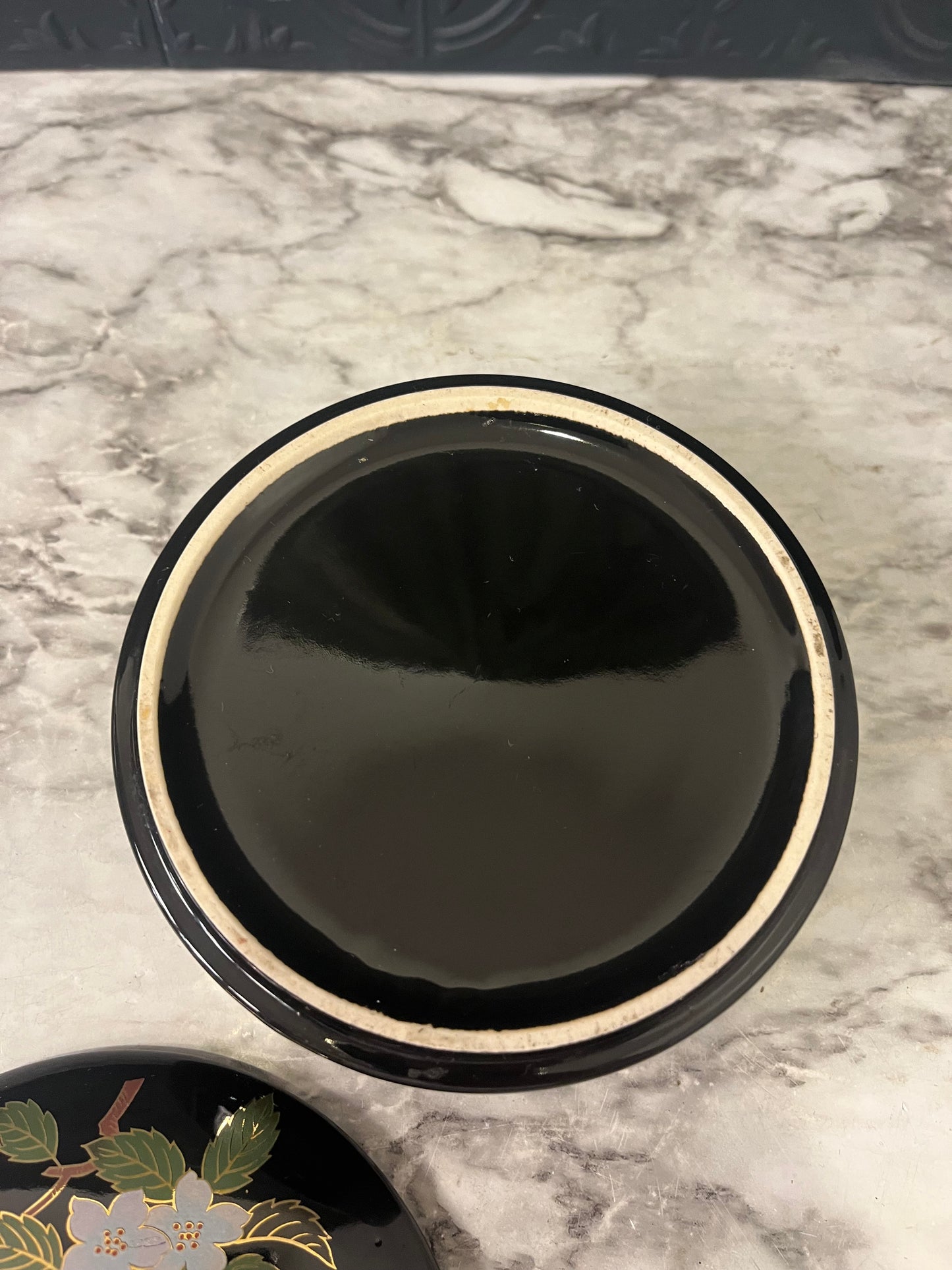 Black Ceramic Lidded Dish with Cherry Blossoms