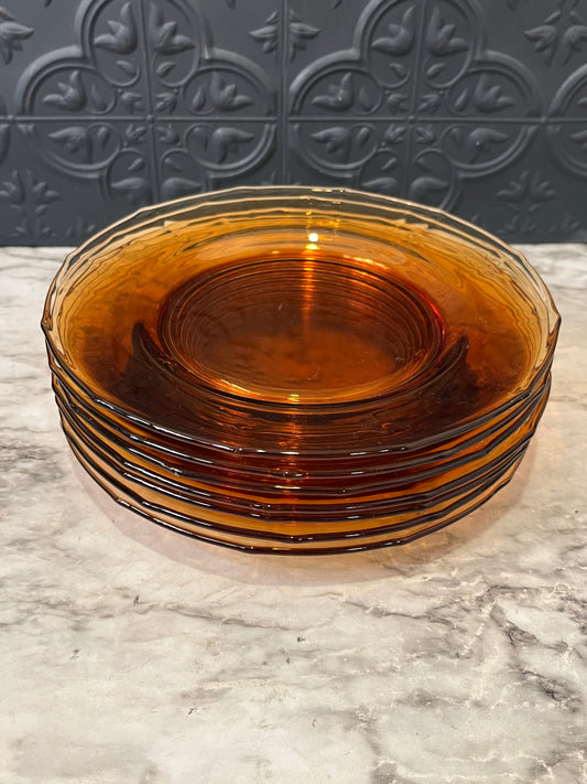 Amber glass salad plates x7