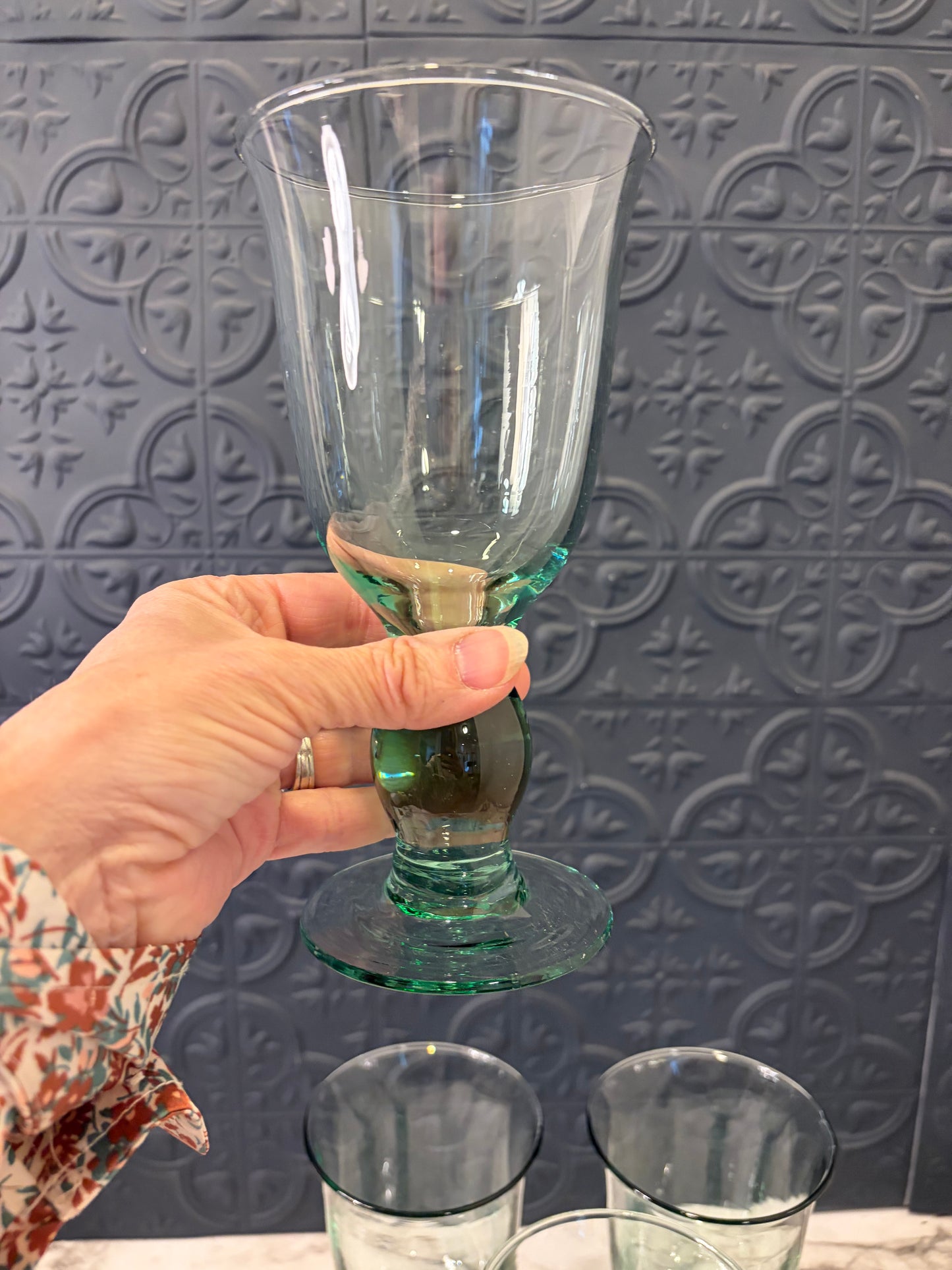 Seafoam Green Glass Goblets with Bublle Stem