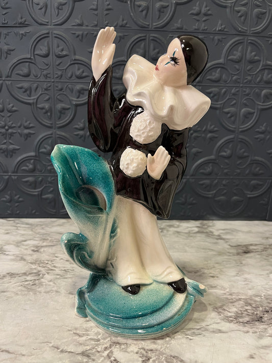 Vintage Black and white Mime Statue with Green floral