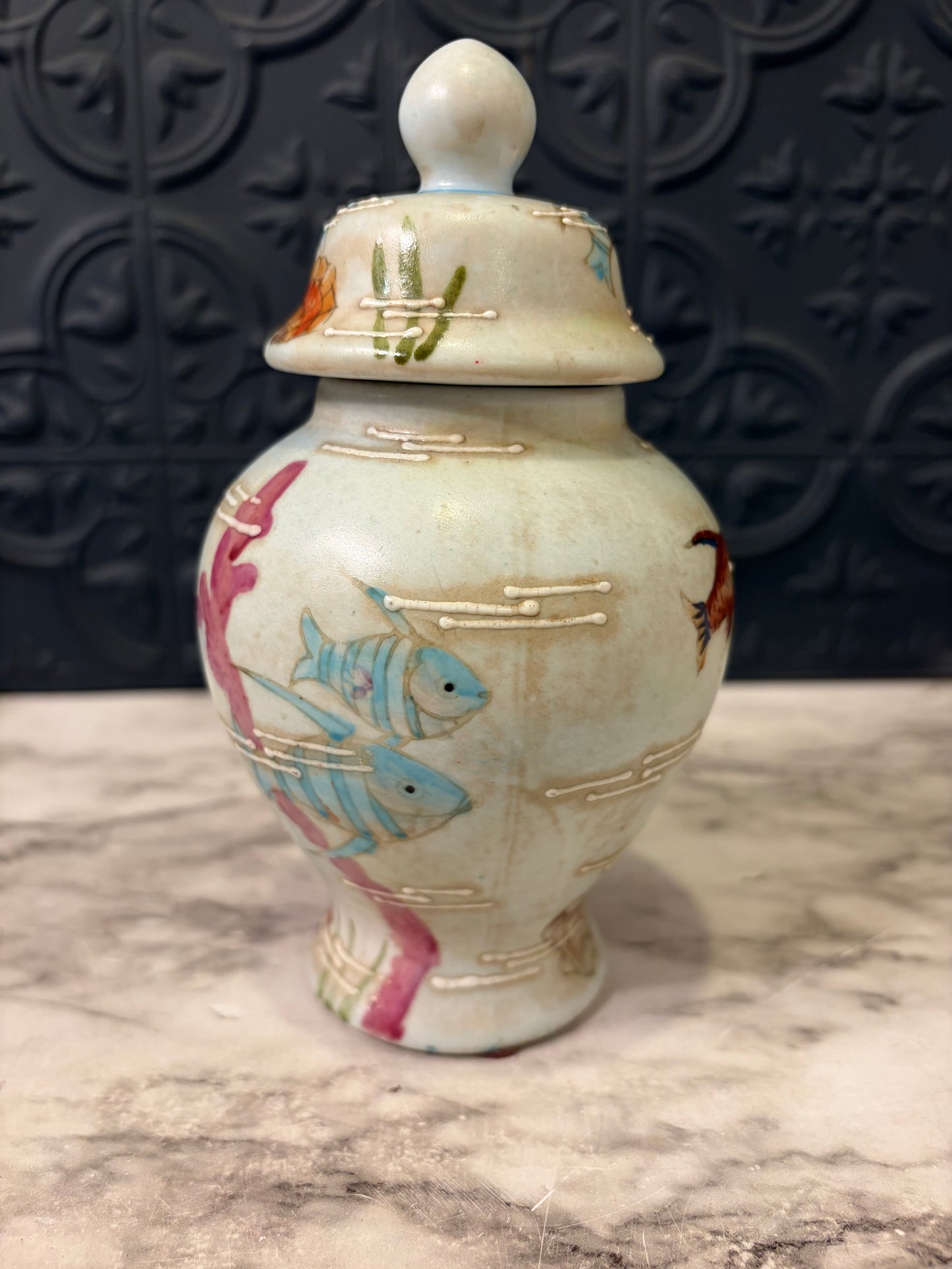 Hand Painted Ginger Jar with Fish and Coral