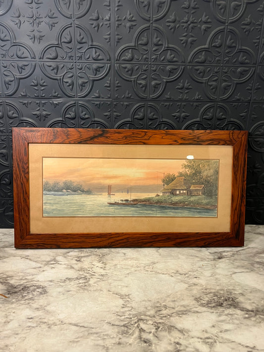 Watercolor Painting of Thatched Cottage near lake