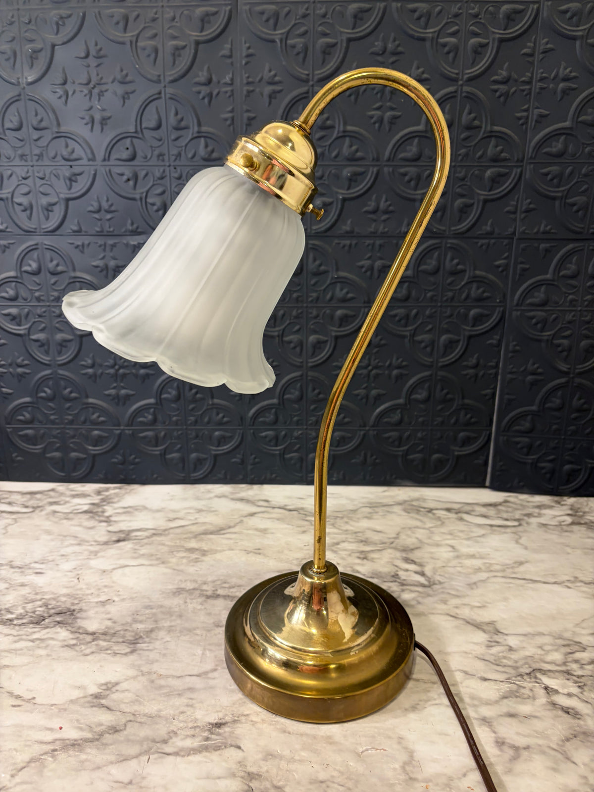 Brass Gooseneck Lamp with Satin Glass Shade