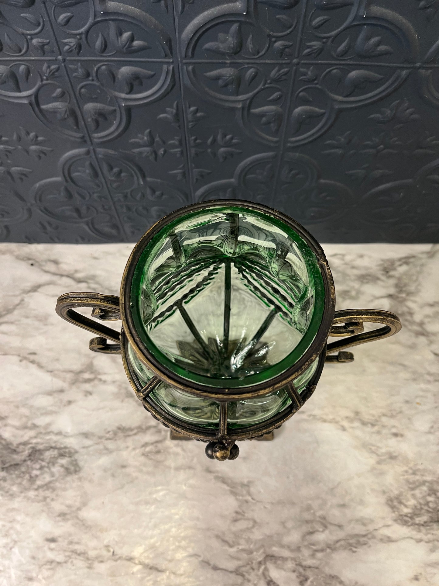Caged Green Glass Pedestal Vase
