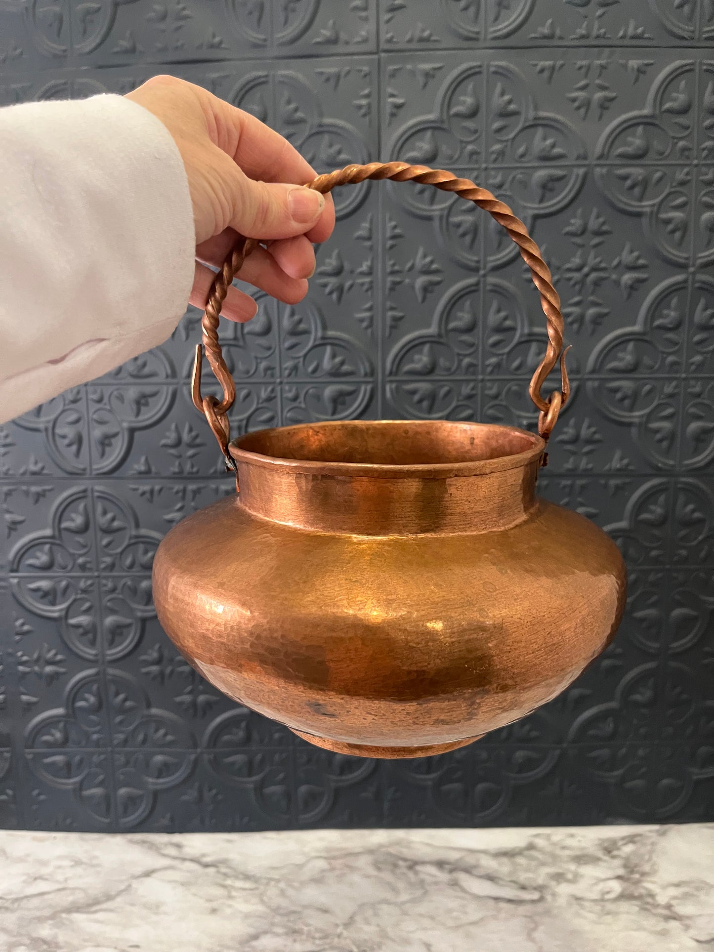 Hammered Copper Cachepot with  Twisted Rope handle
