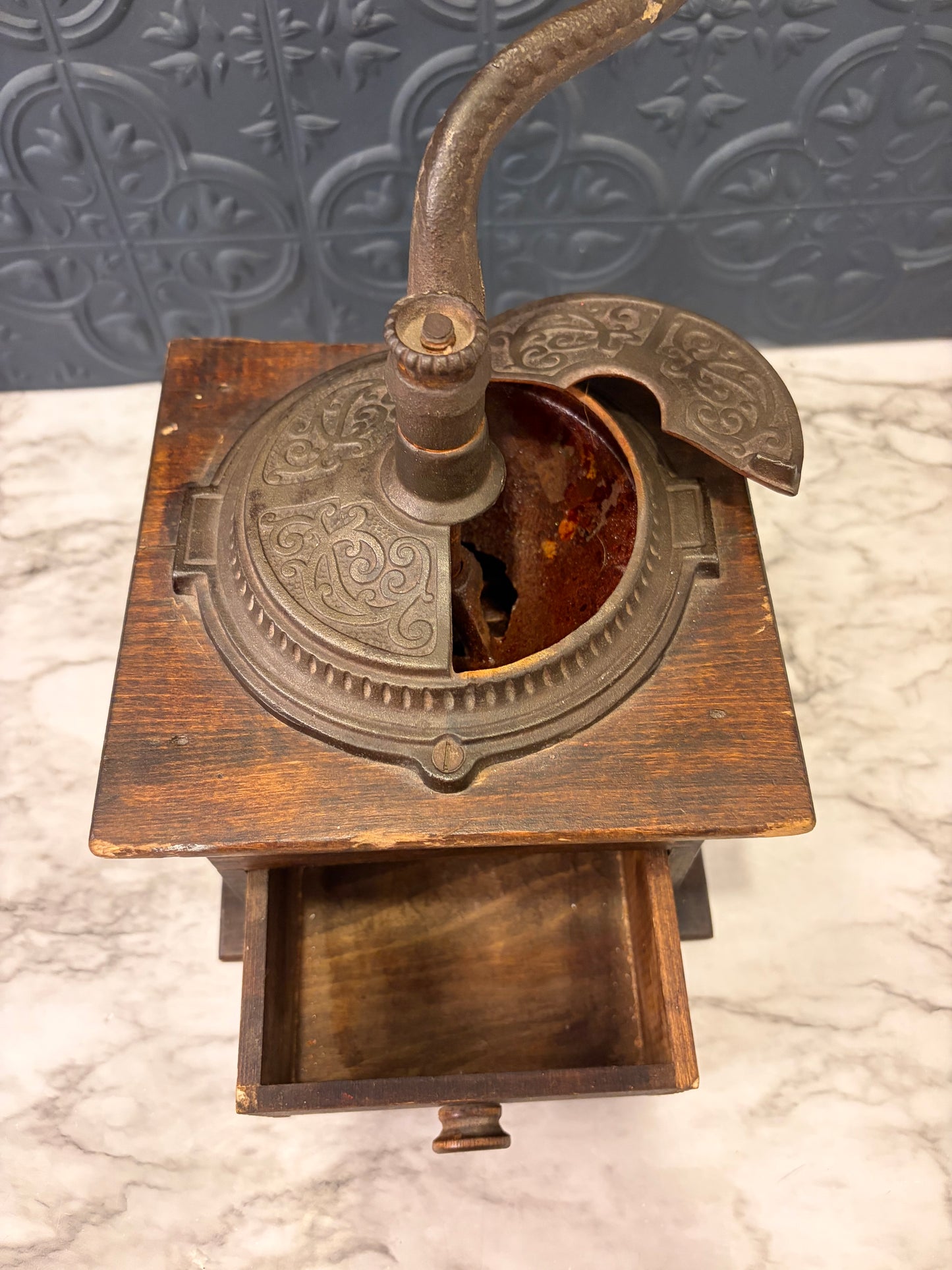 Antique Coffee Grinder with Iron Top