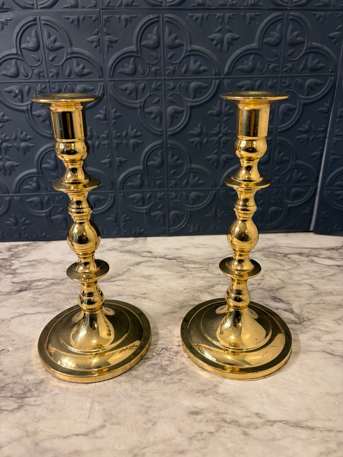 9" Heavy Brass Candlestick Pair