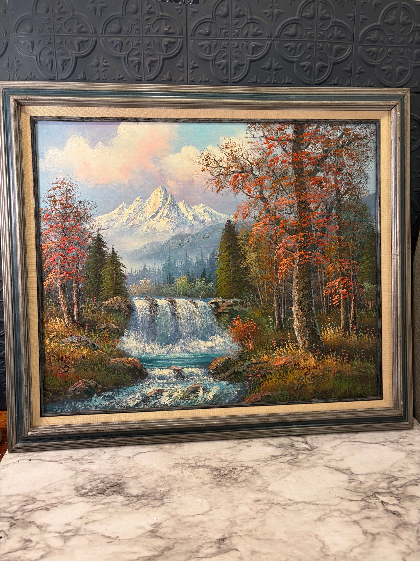 Oil Landscape Painting in Blue Frame Signed Morgan