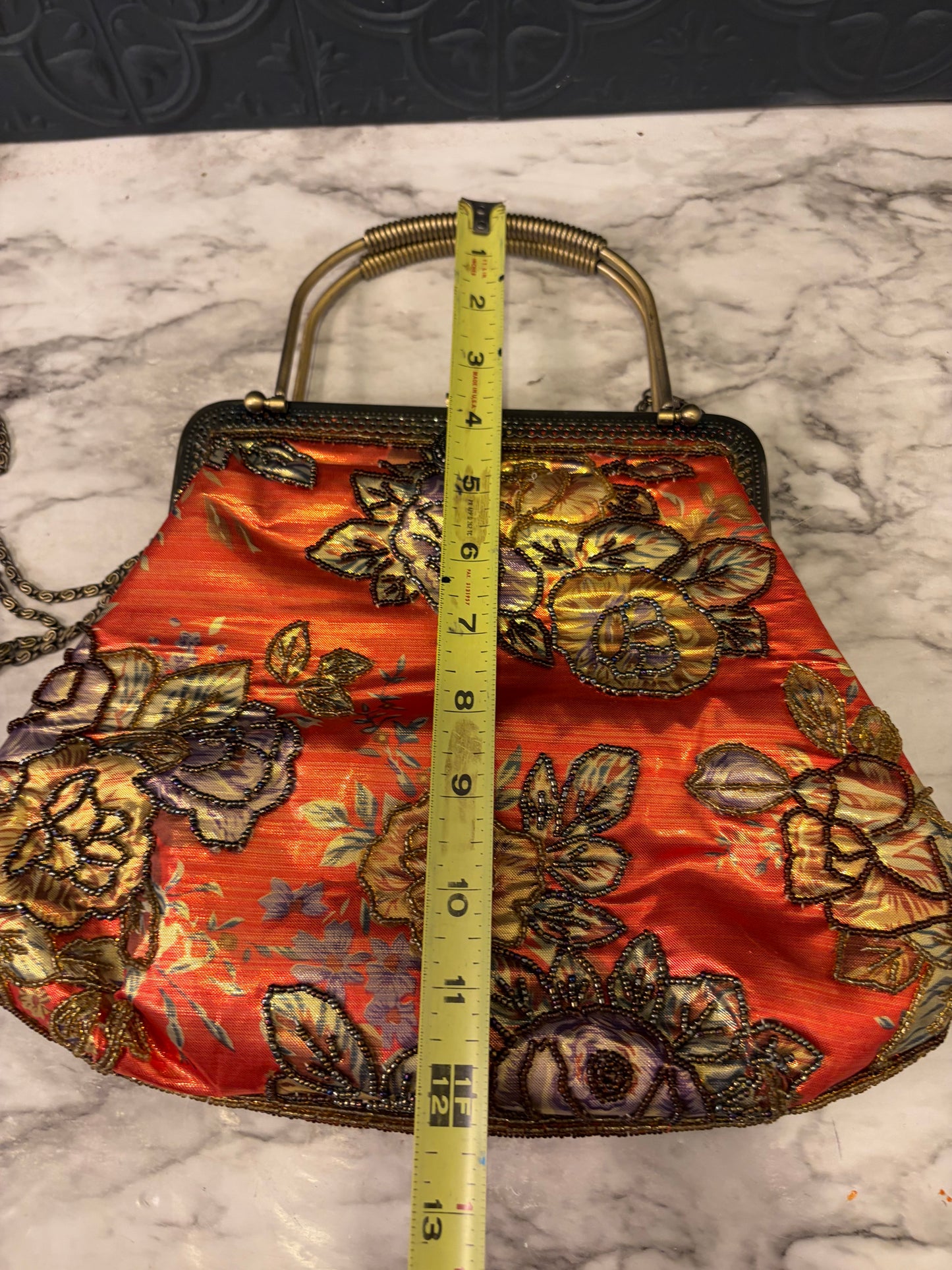 Orange Embroidered Clutch Handbag with Strap