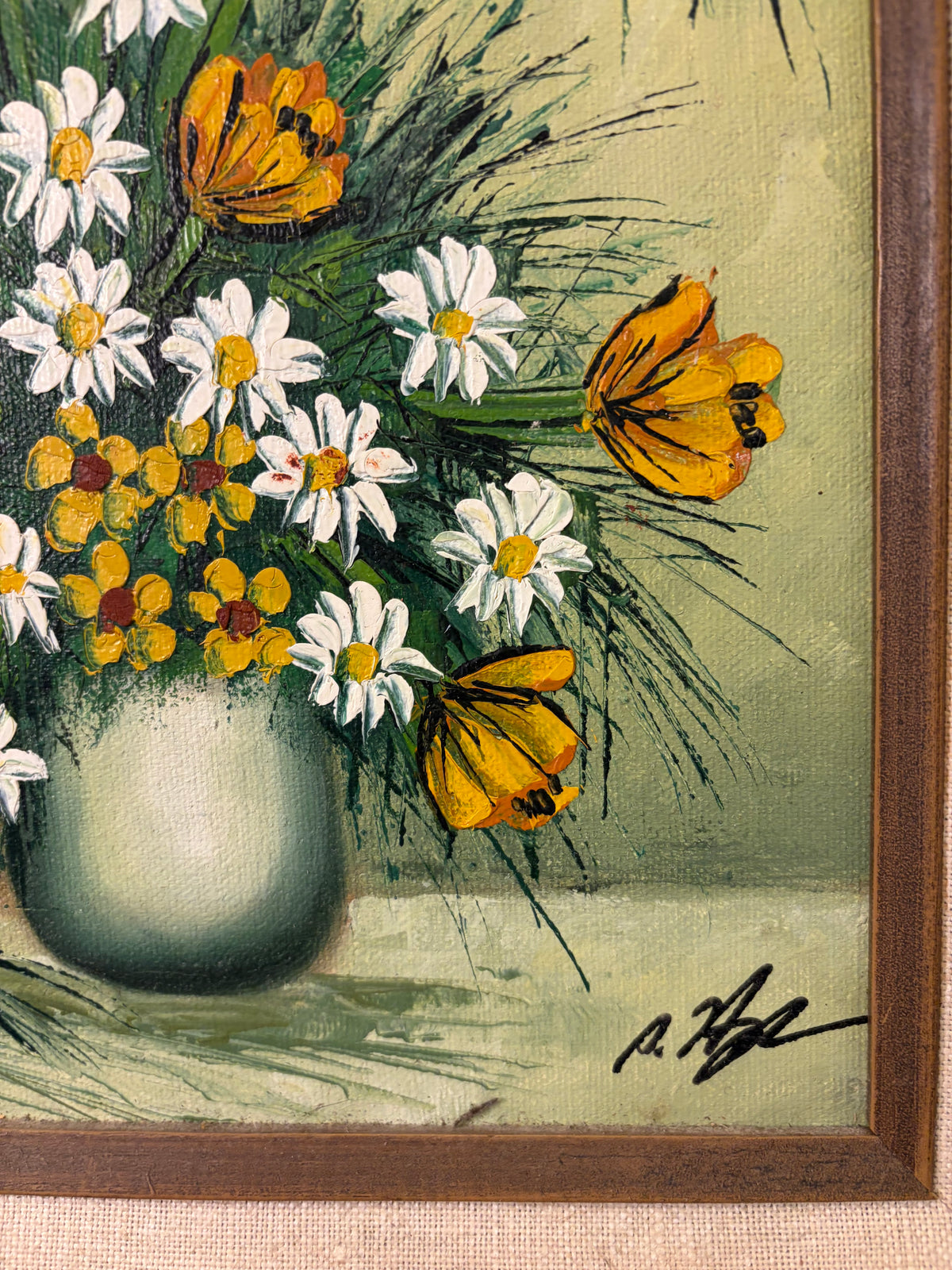 Original Painting of Flowers in Green and Wood Frame