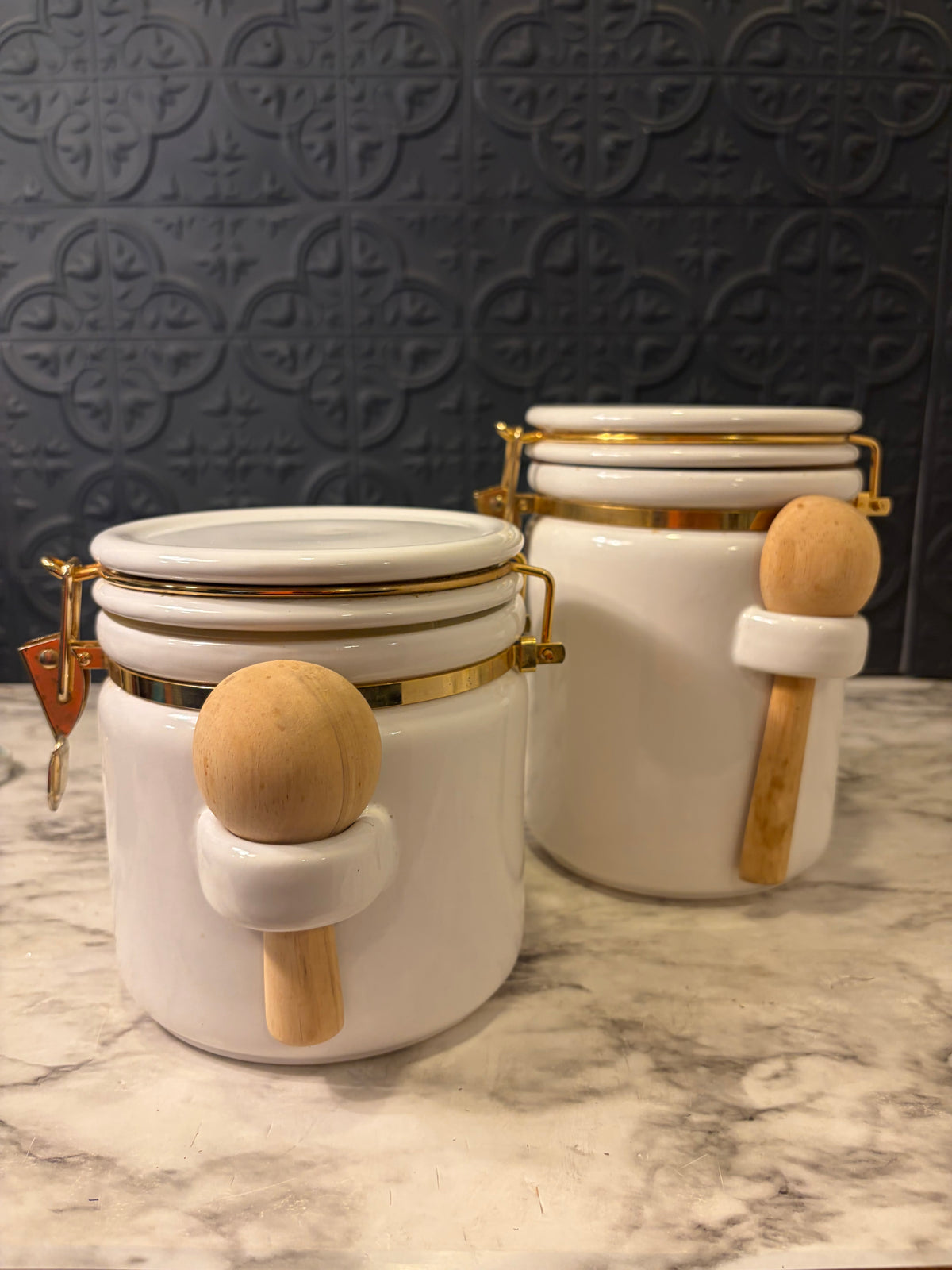 White Canister with Scoop  Set of 2