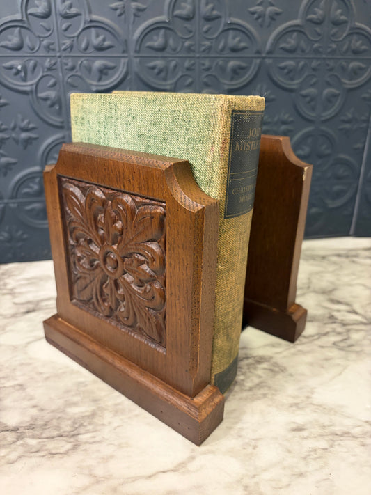 Carved Wood Bookends with Floral Motif