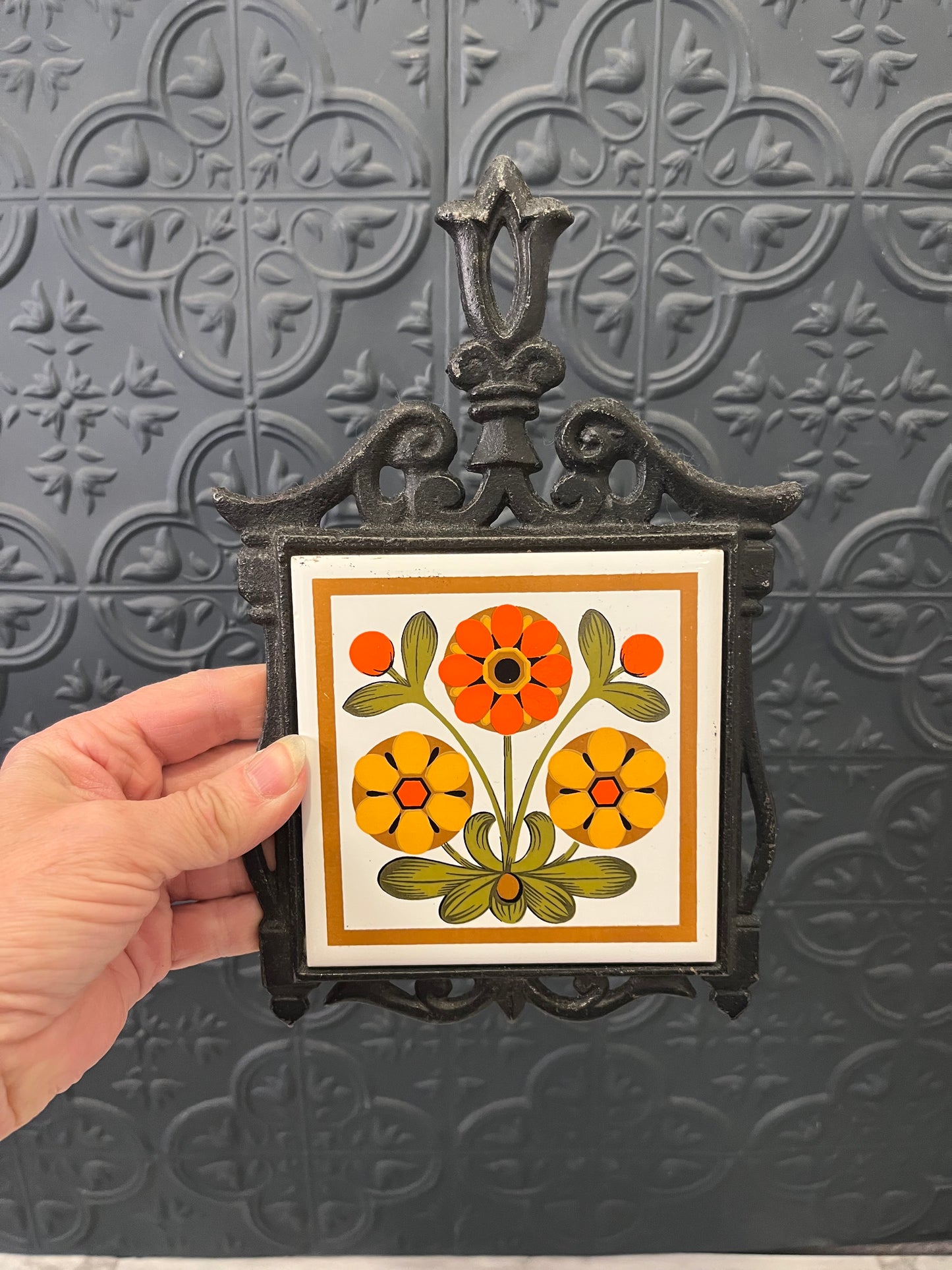 Mid Century Flower Cast Iron Trivet