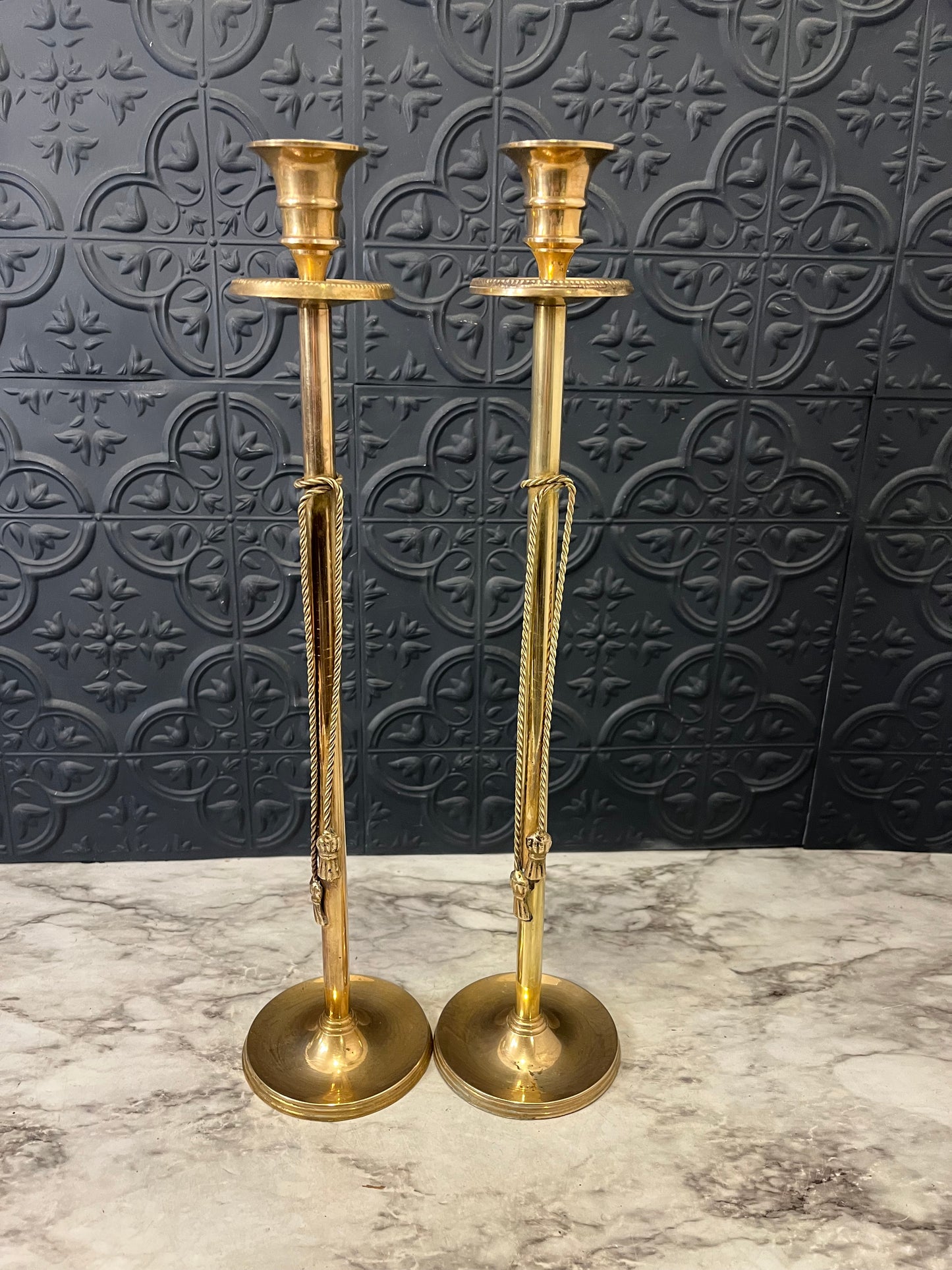 Pair of Brass Candle Sticks with Tassle Detail 16"