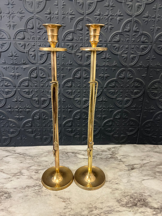 Pair of Brass Candle Sticks with Tassle Detail 16"