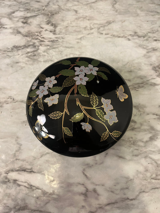 Black Ceramic Lidded Dish with Cherry Blossoms