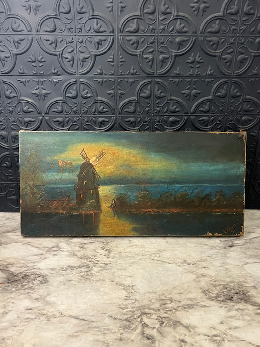 Antique Oil Painting of Windmill Unframed
