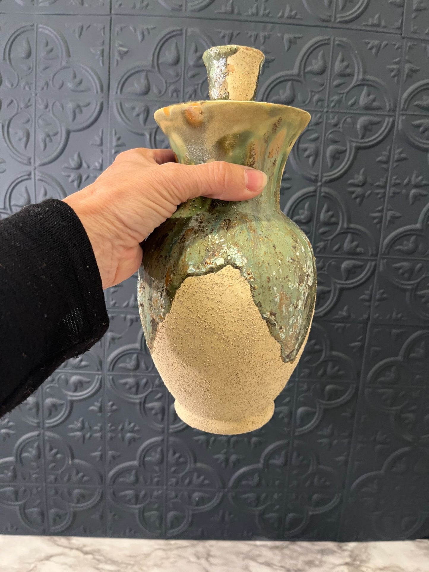 Rough Tan Pottery Jar with Lid  and green drip