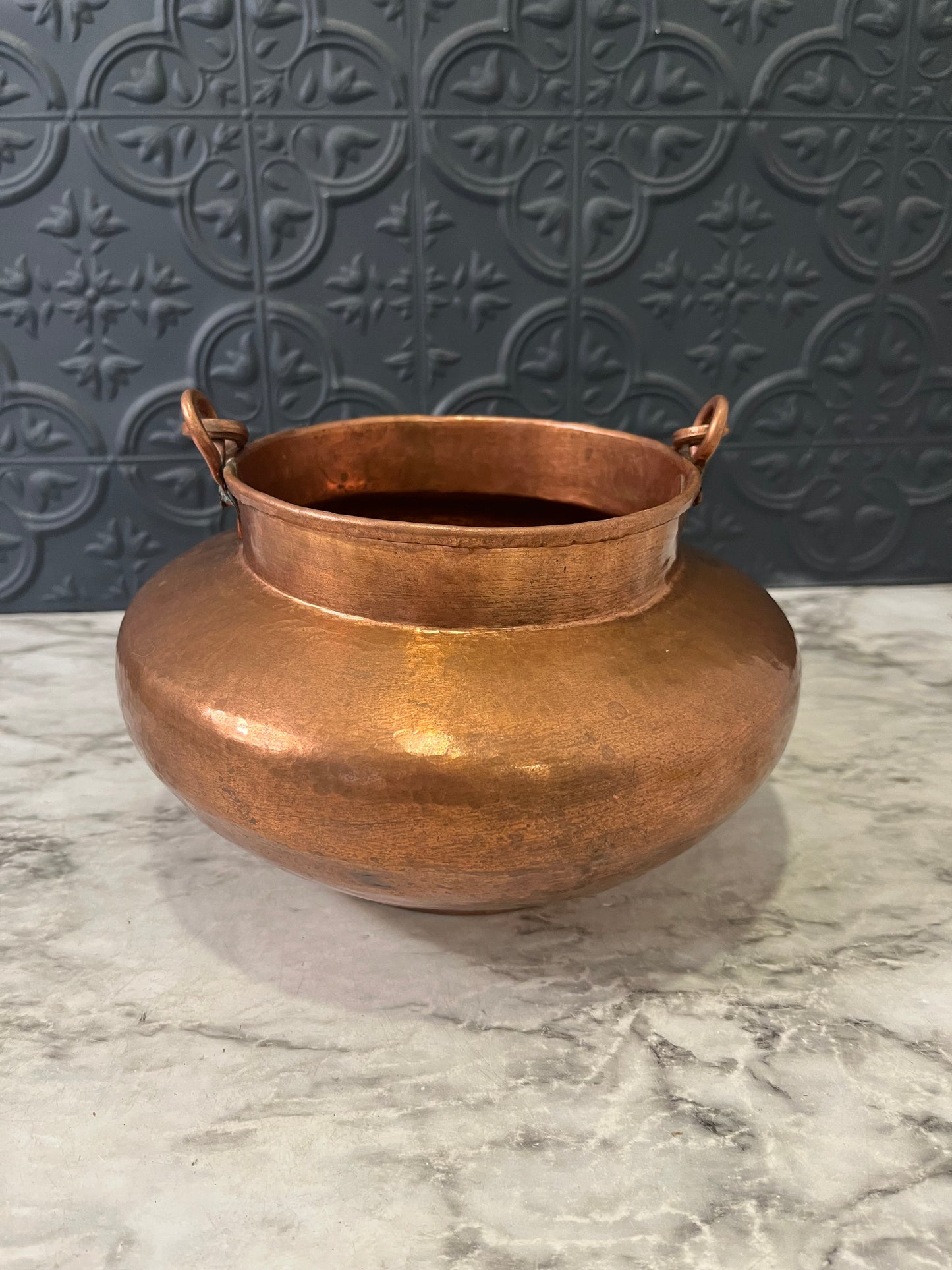 Hammered Copper Cachepot with  Twisted Rope handle