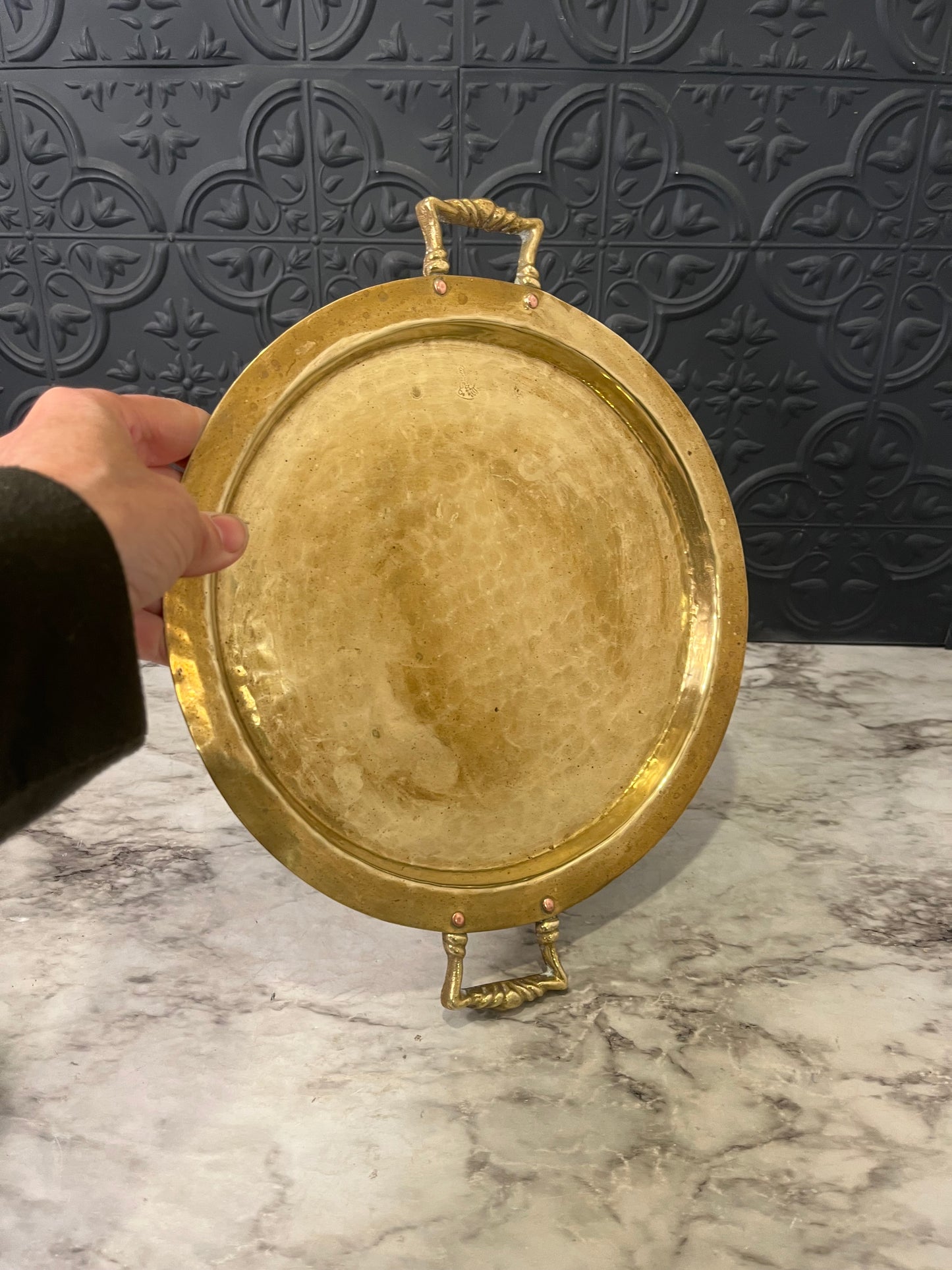 Round Dimpled Brass Platter with Handles