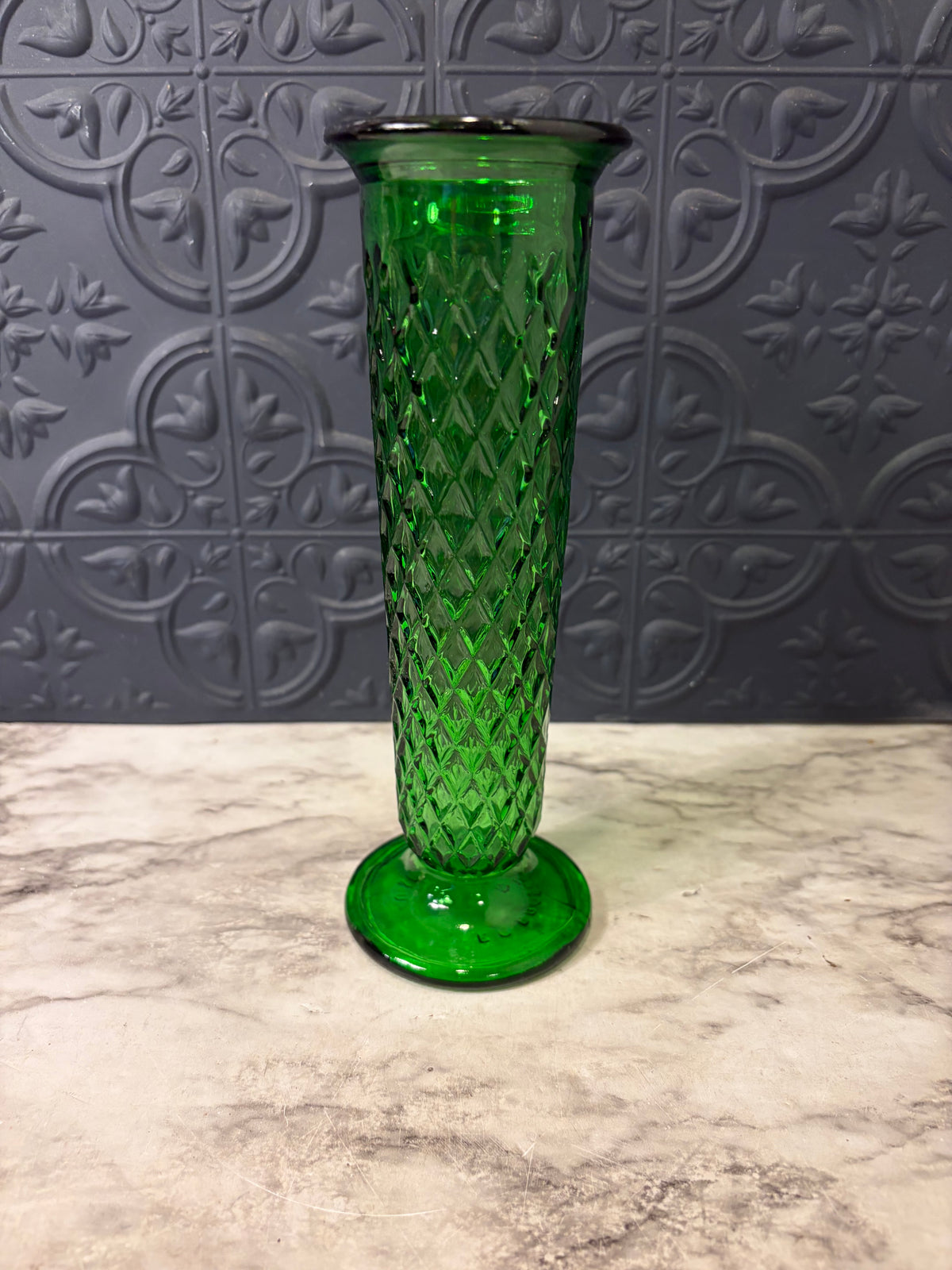 E O Brody Emerald Green Bud Vase with DiamondPattern
