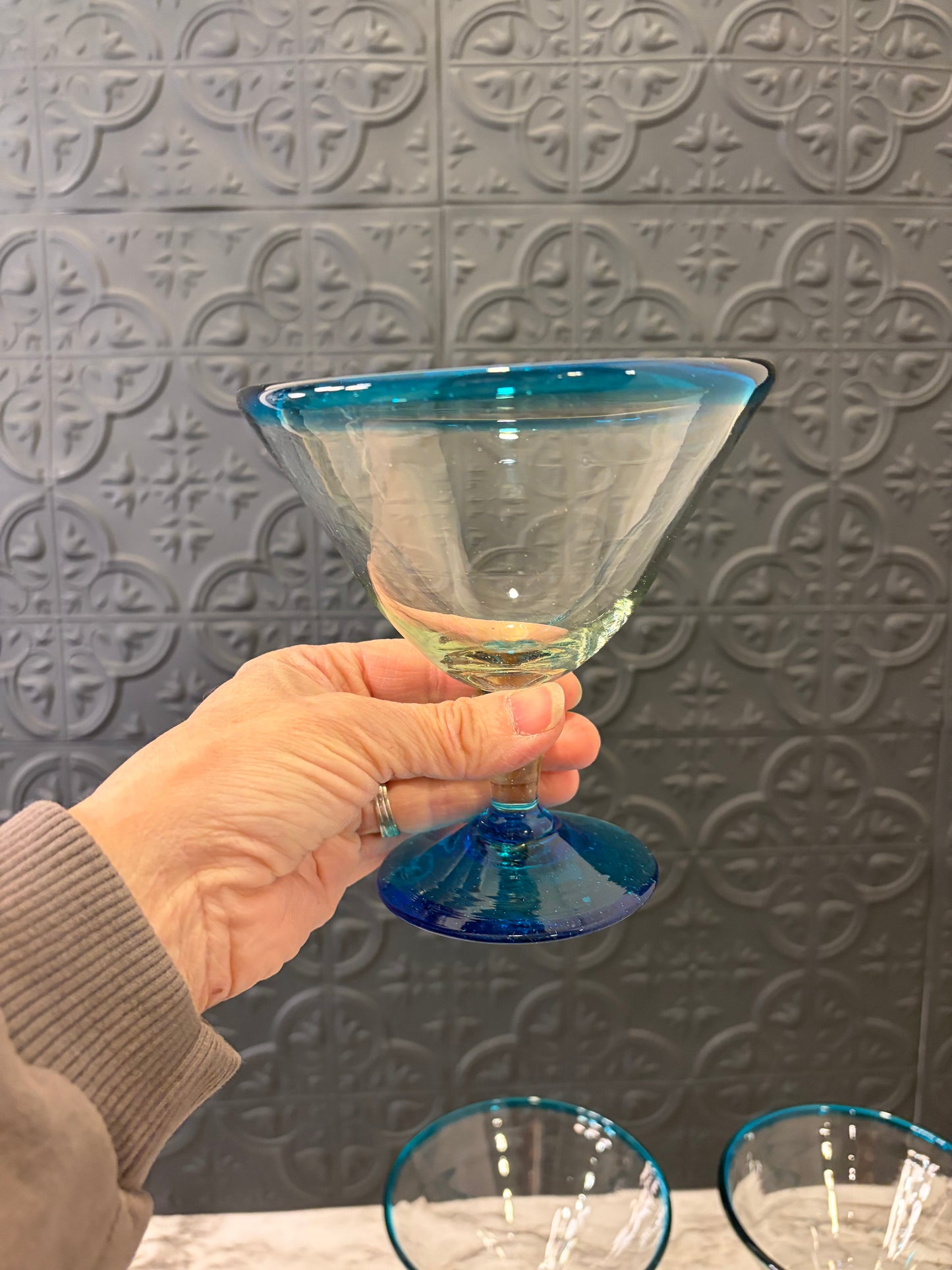 Handblown Blue Rim Martini Glass x 4