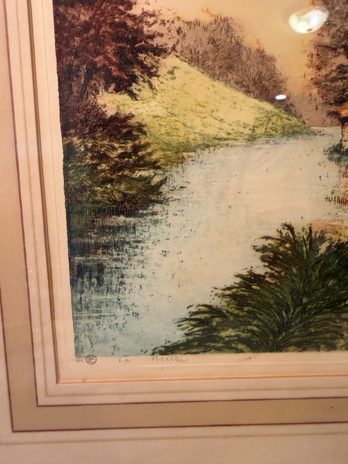 Etching of The Naire River at Premery France Framed