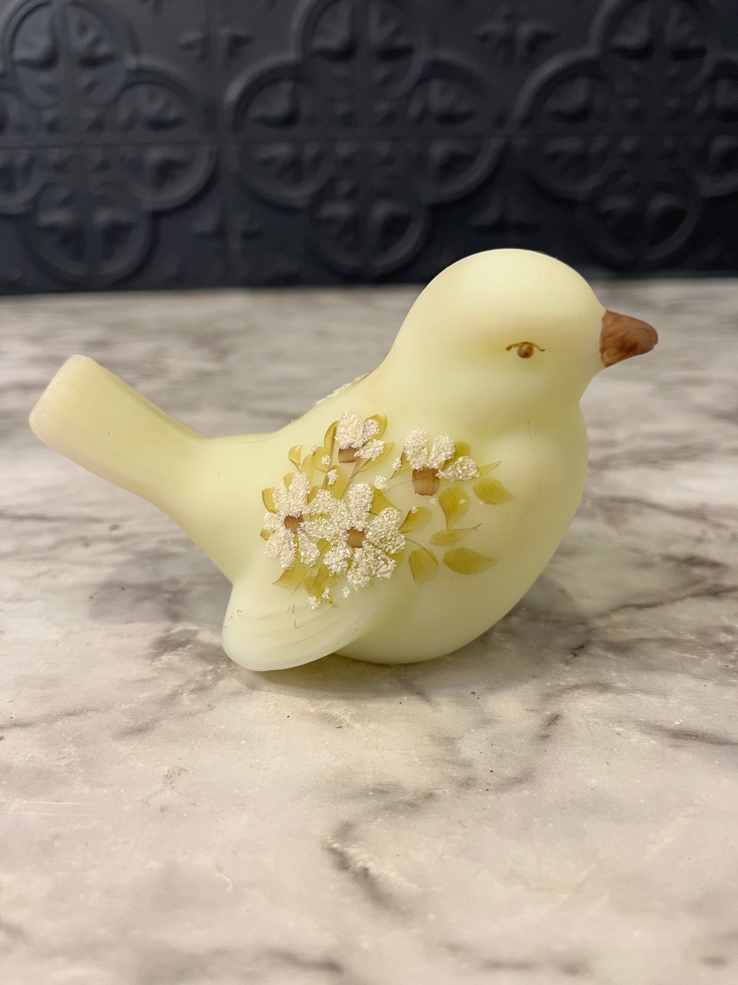 Fenton Custard Satin Glass UV Reactive Songbird