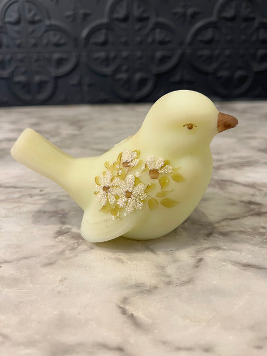 Fenton Custard Satin Glass UV Reactive Songbird