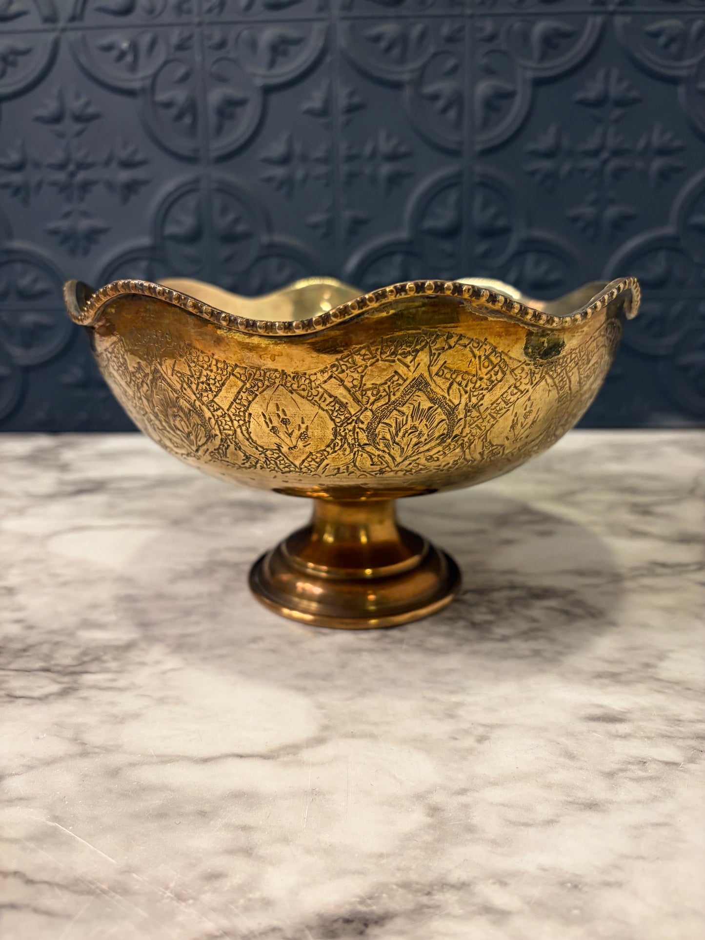 Middle Eastern Brass Pedestal Bowl with Engraved design