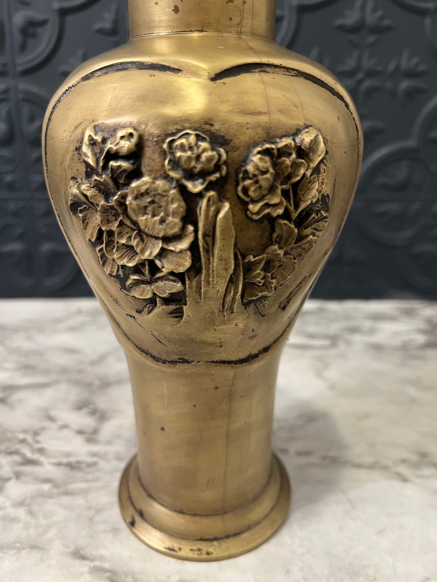 Antique Japanese Brass Vase with Botanicals