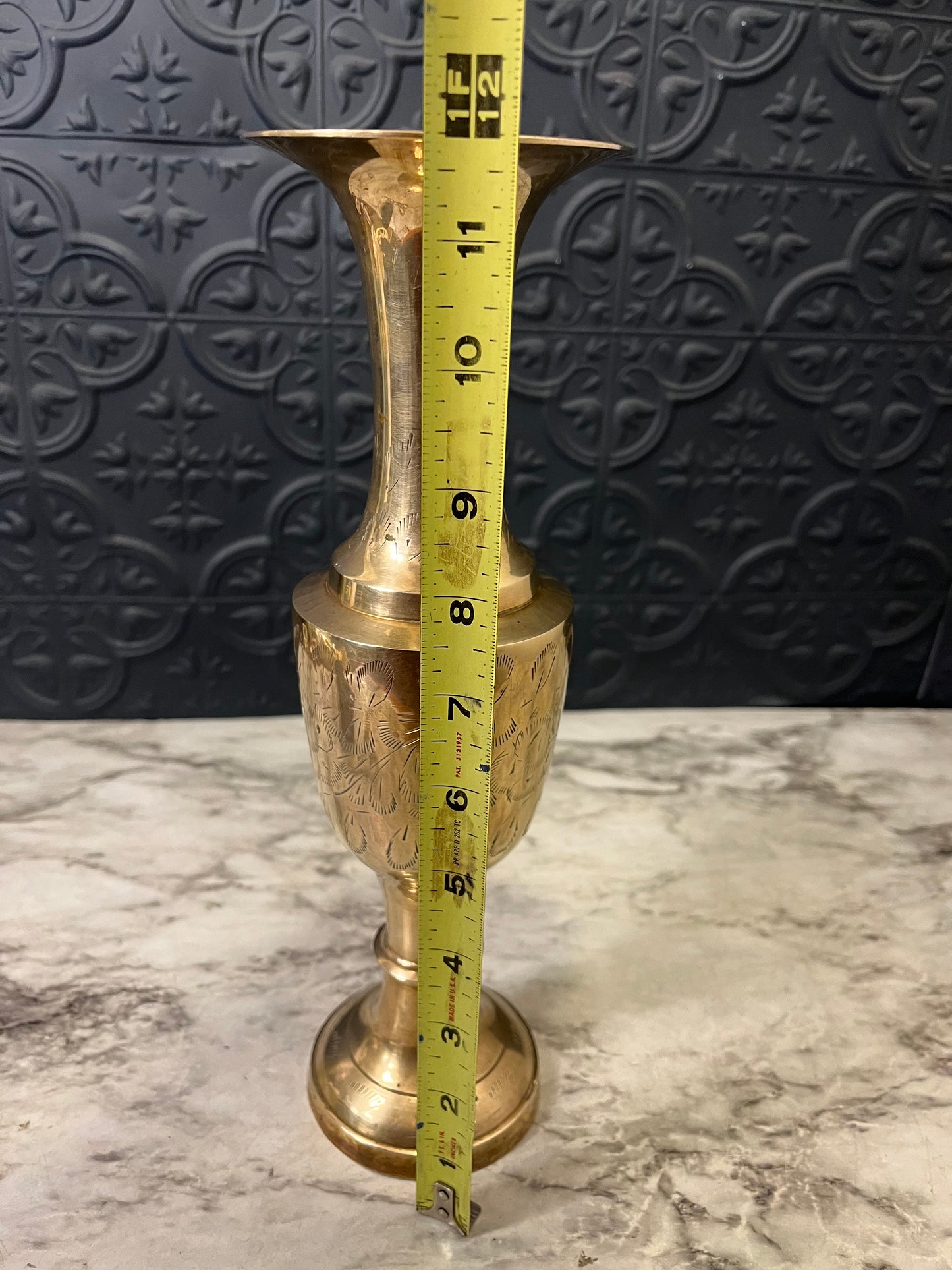 Etched Brass Vase with Leaf pattern 11.75"