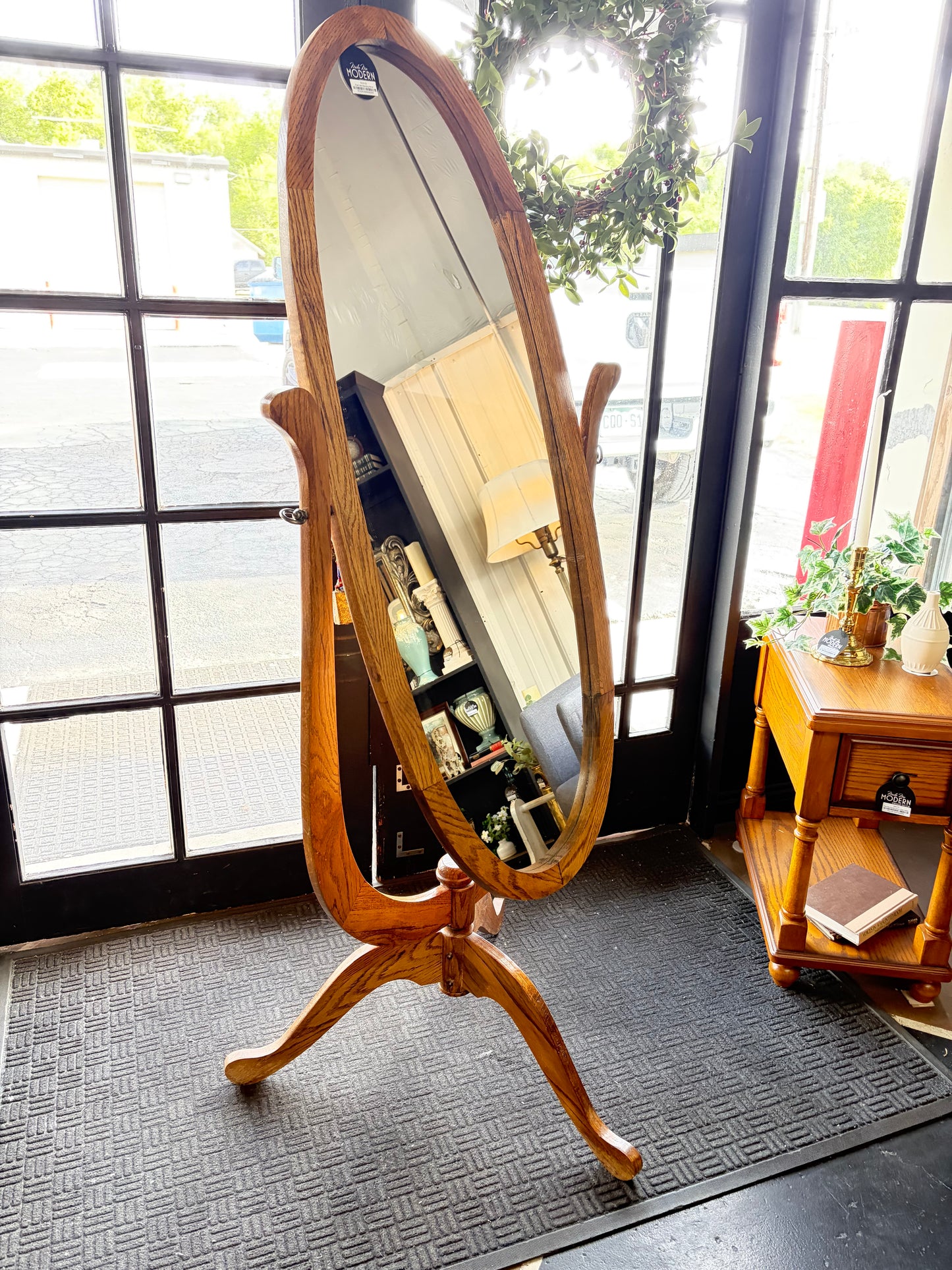 Oval Oak Standing Mirror
