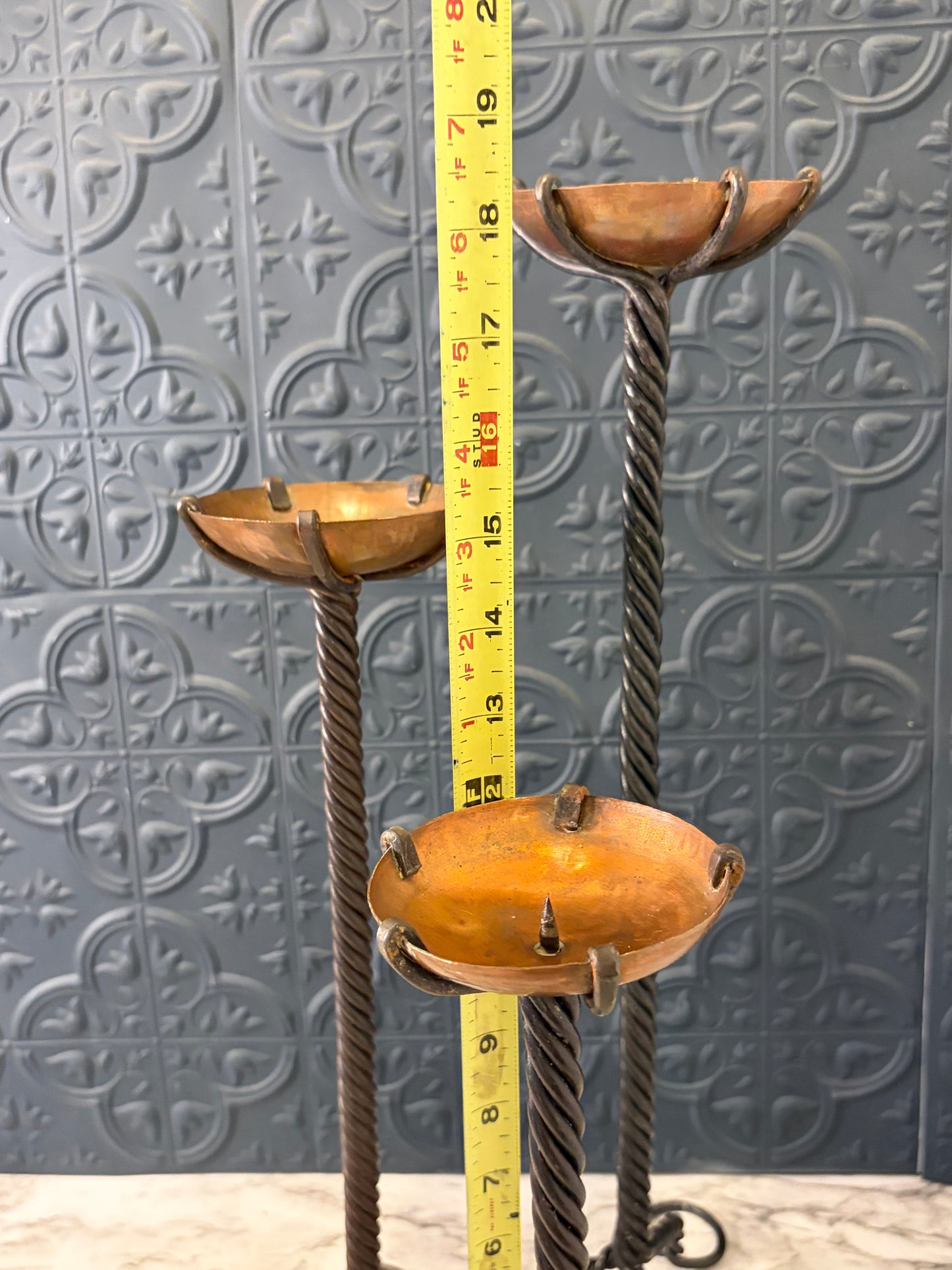 Set of 3 Copper and Wrought Iron Pillar Candle Holders