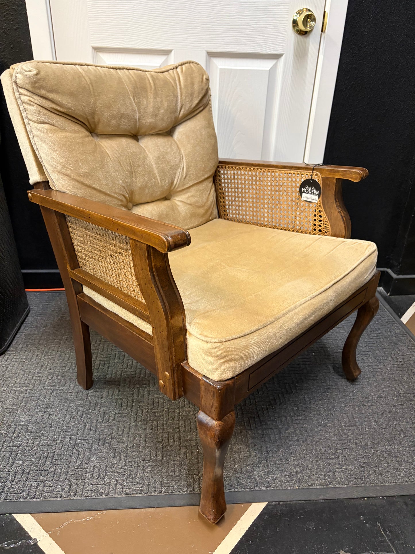 Champagne Velvet Chair with Cane Arms