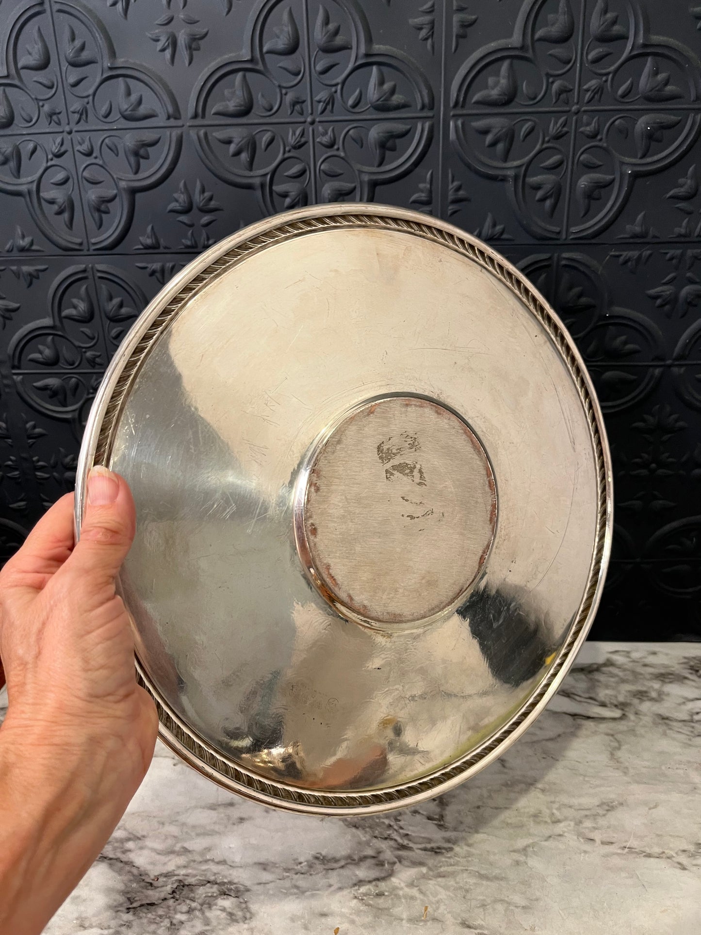 Etched Round Silver Plated Tray with Rope Rim