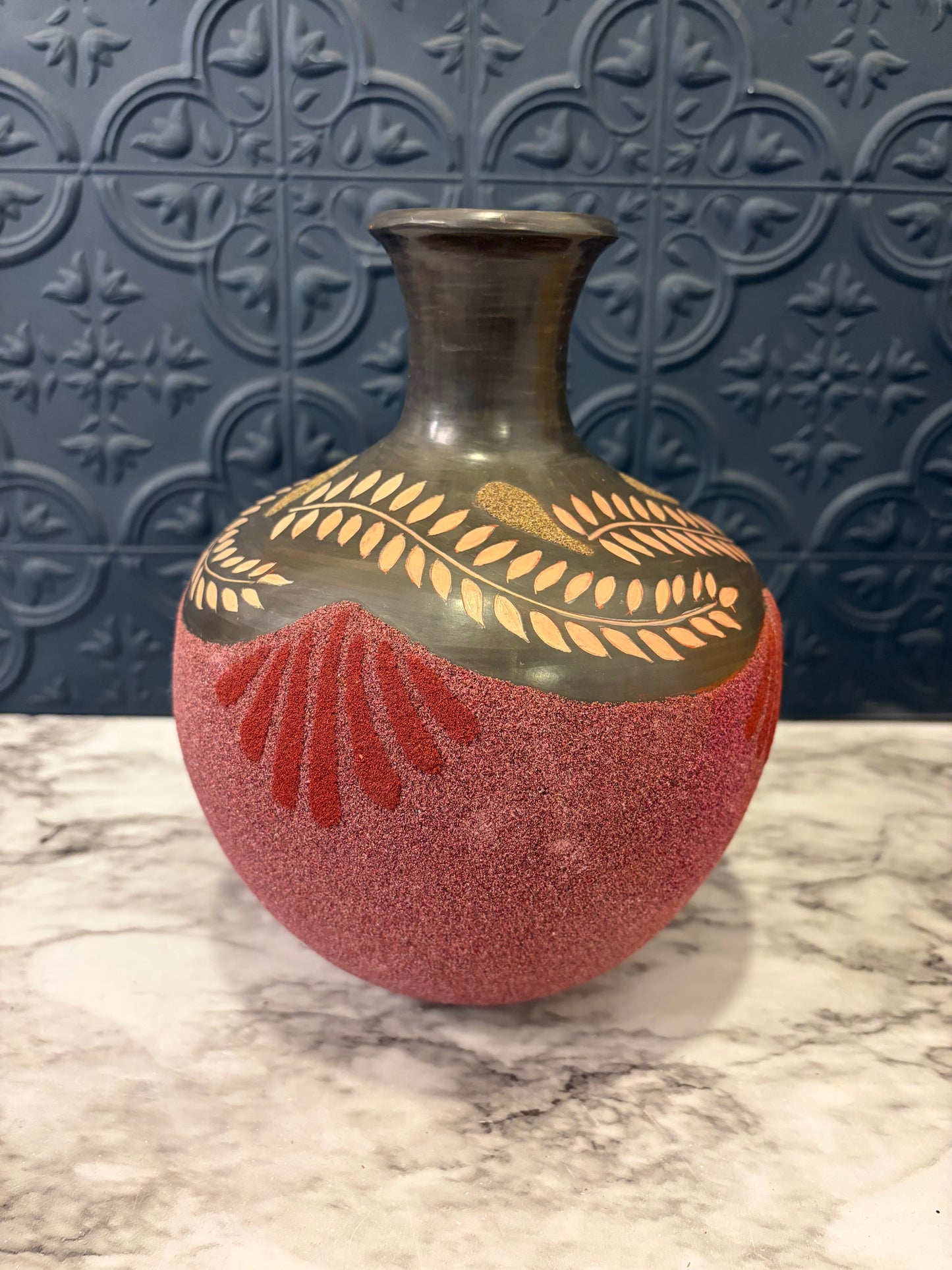 Decorative Pink and Grey Vase with Leaf Pattern