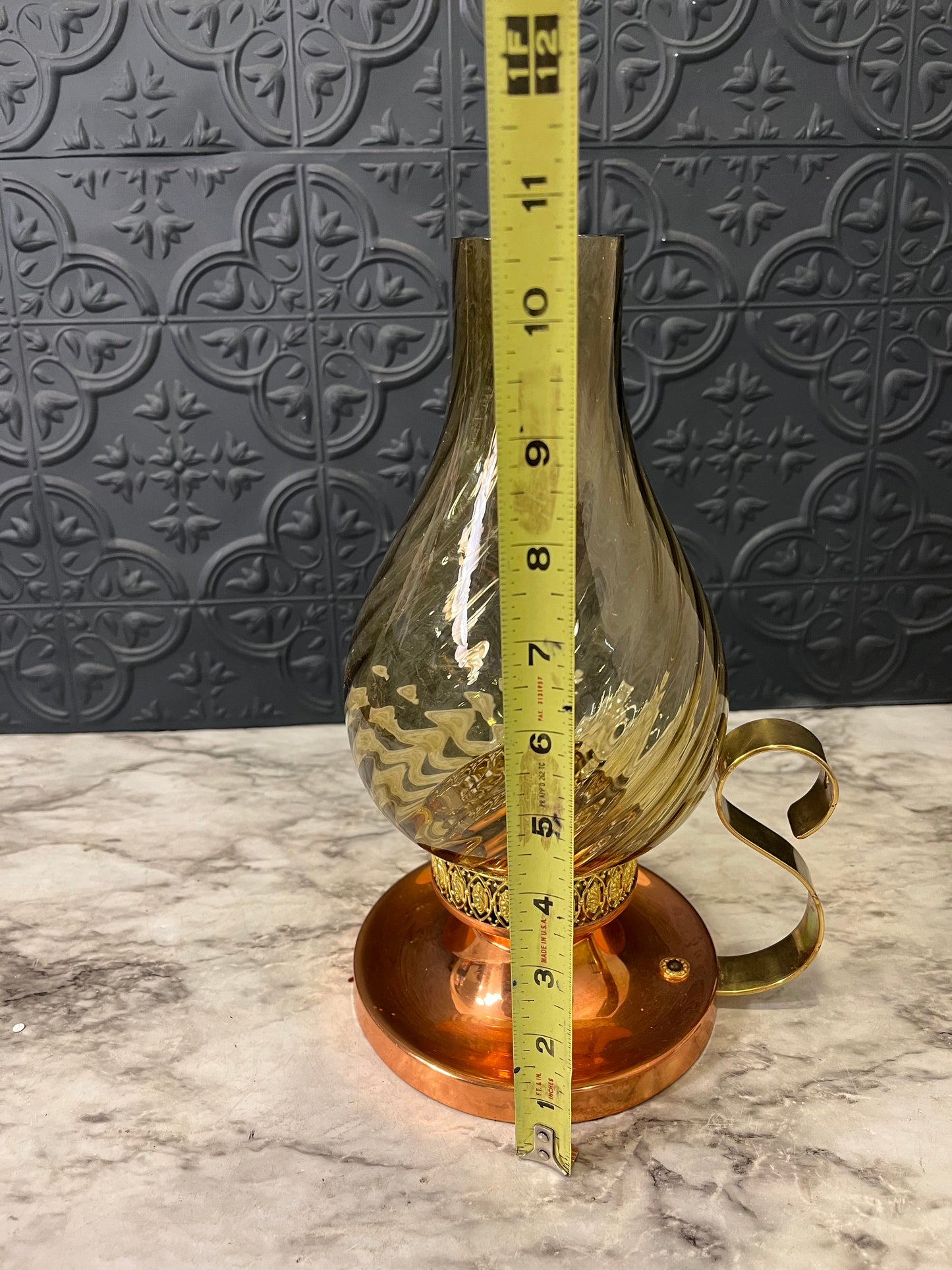 Copper and Brass Hurrican Lamp with Smoke Glass