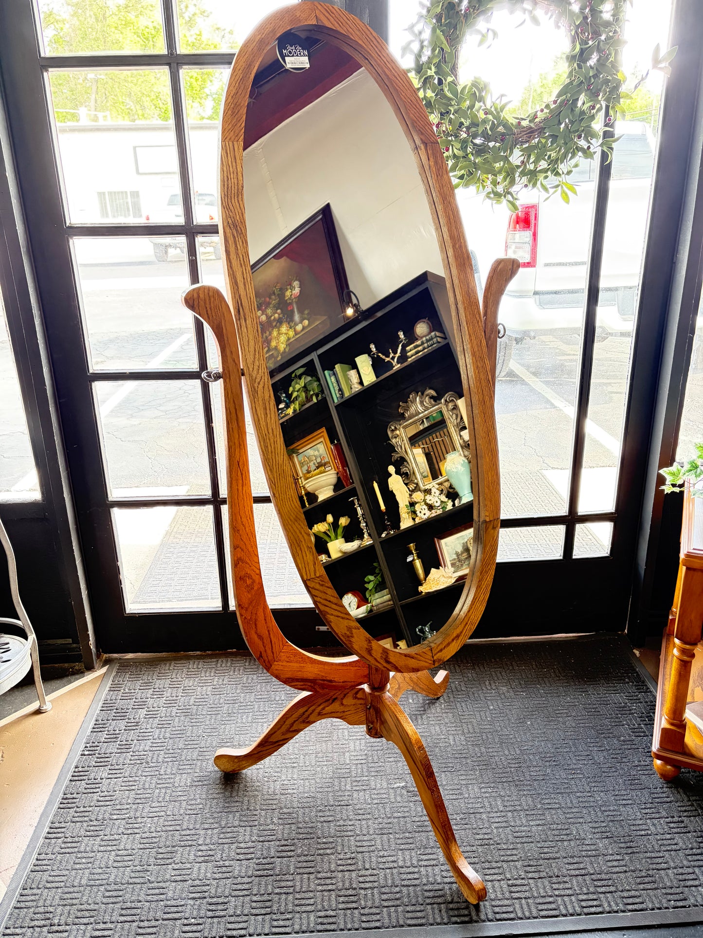 Oval Oak Standing Mirror