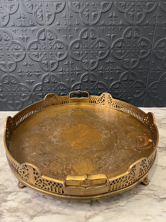 Large Brass Footed Etched Tray