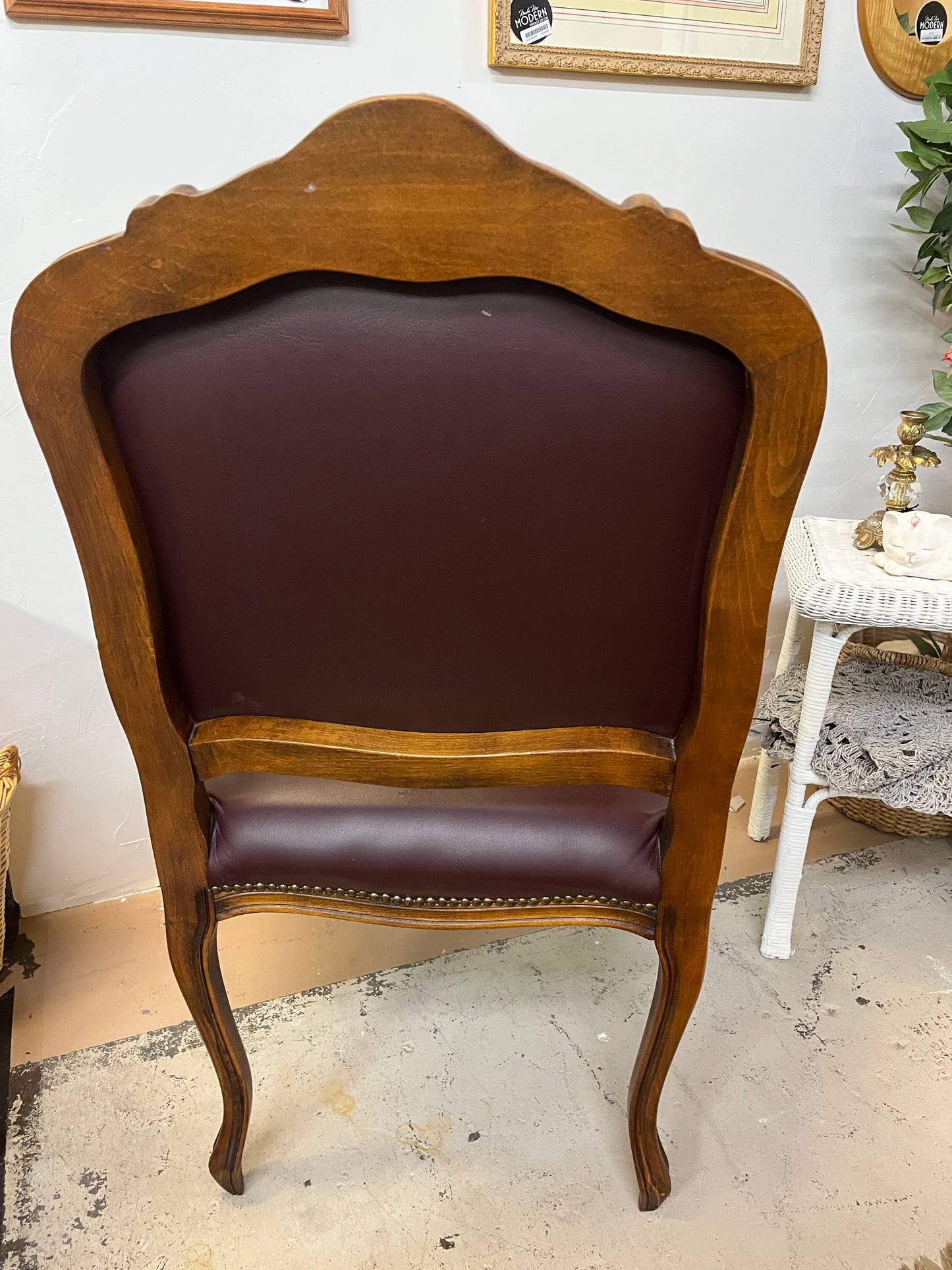 Maroon Faux Leather Carved Wood Arm Chair
