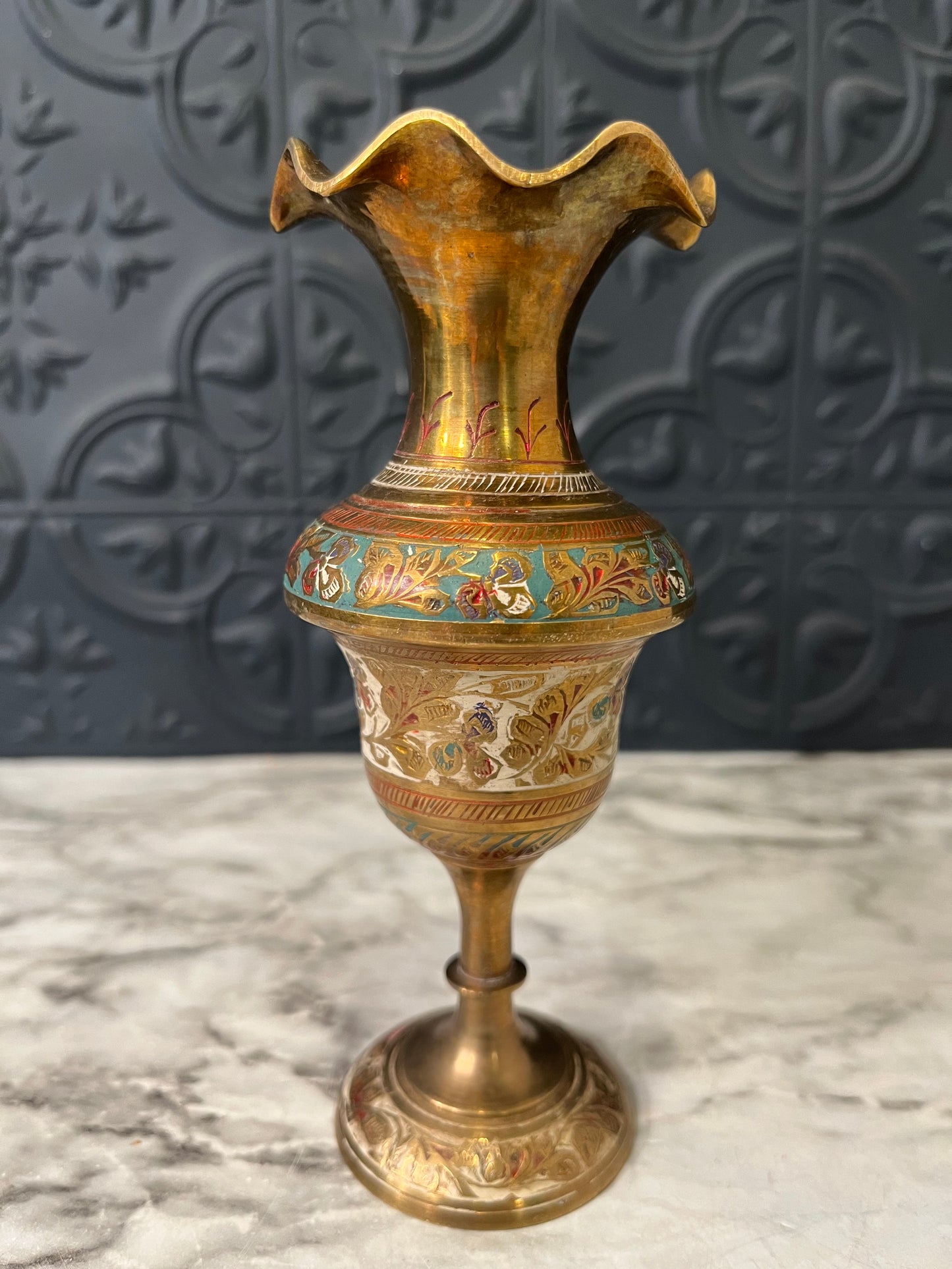 Brass and Enamel Etched Vase Small
