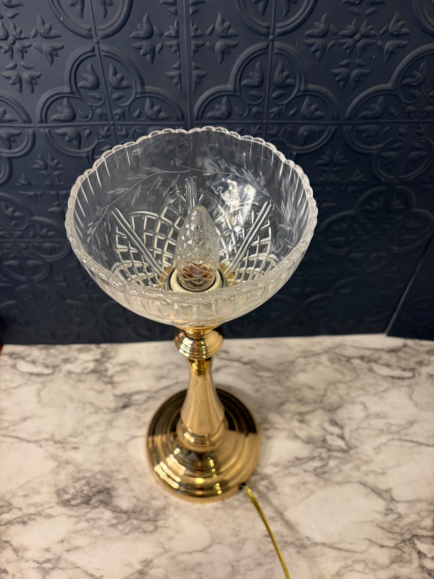 Torchiere Table Lamp Brass and Cut Glass