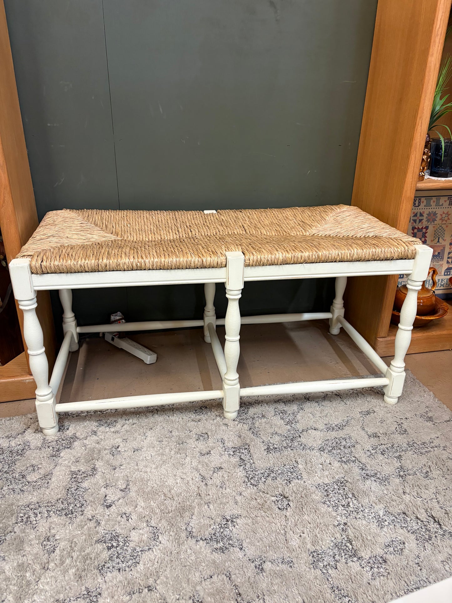 Wicker Bench with White Distressed Legs