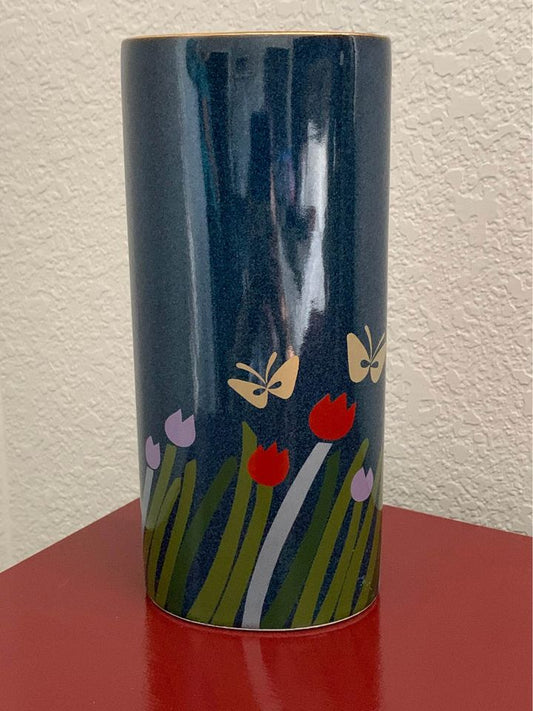 Blue Japanese Vase With Tulips and Butterflies